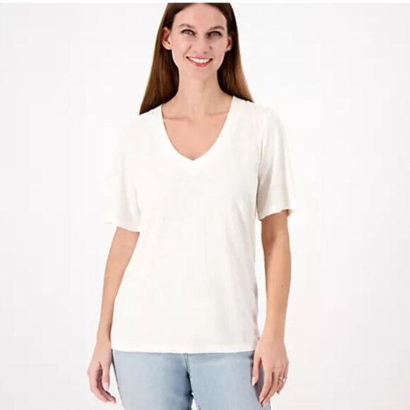 Peace Love World Mia V-Neck Knit Tee - Pristine Ivory - 1X - Picture 1 of 2
